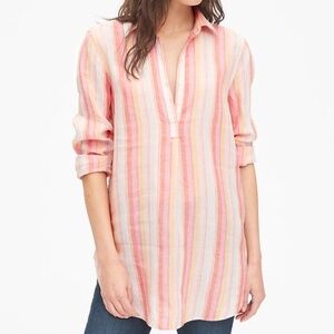 GAP 100% Linen Boyfriend Popover Tunic, Pink Stripes, XXL